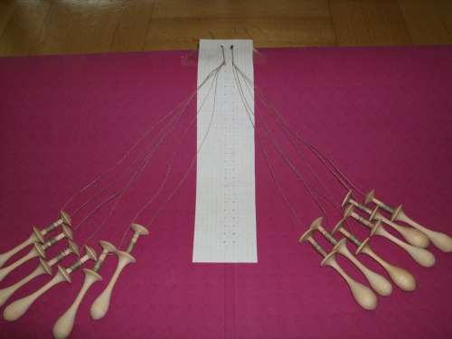 Work place ready, paper pattern taped to rolled up yoga mat and threaded bobbins pinned in place